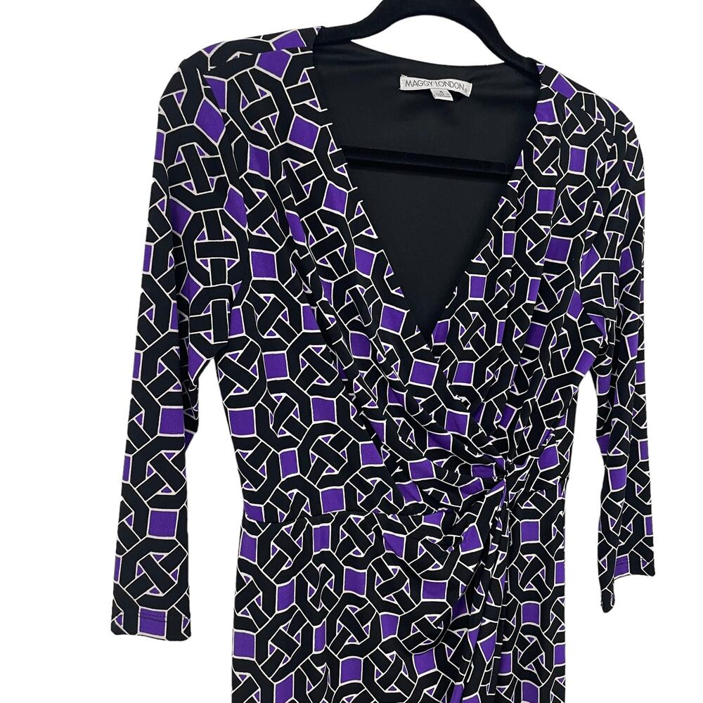 Maggy London V Neck Faux Wrap Geometric Print Dress Black Purple Women's 4
